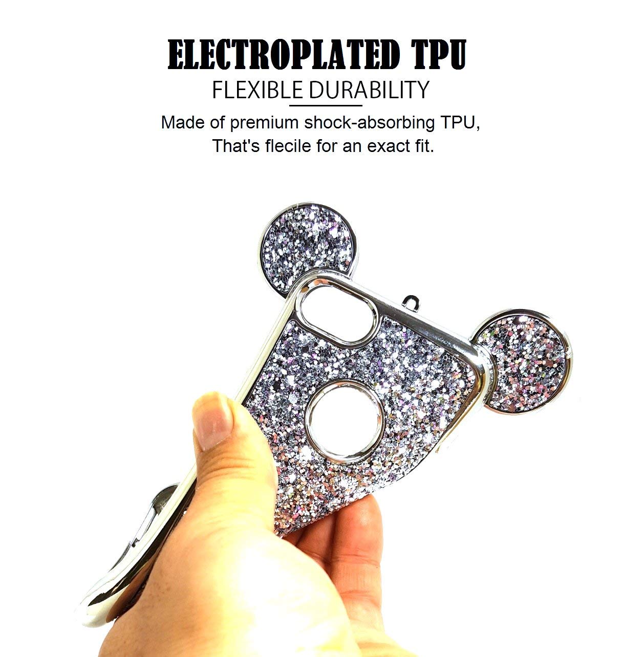 AccessoryHappy Creative Case, Luxury 3D Mickey & Minnie Ears Bling Crystal Rhinestone Sparkle Glitter Diamond Protective TPU Cover Compatible with iPhone 7 & iPhone 8 (Silver)