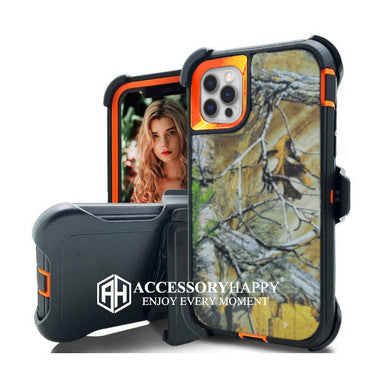 Armor Rugged Defender Case for iPhone 12 (6.1") Protective Case with Belt Clip Holster, Heavy Duty-Orange Camo