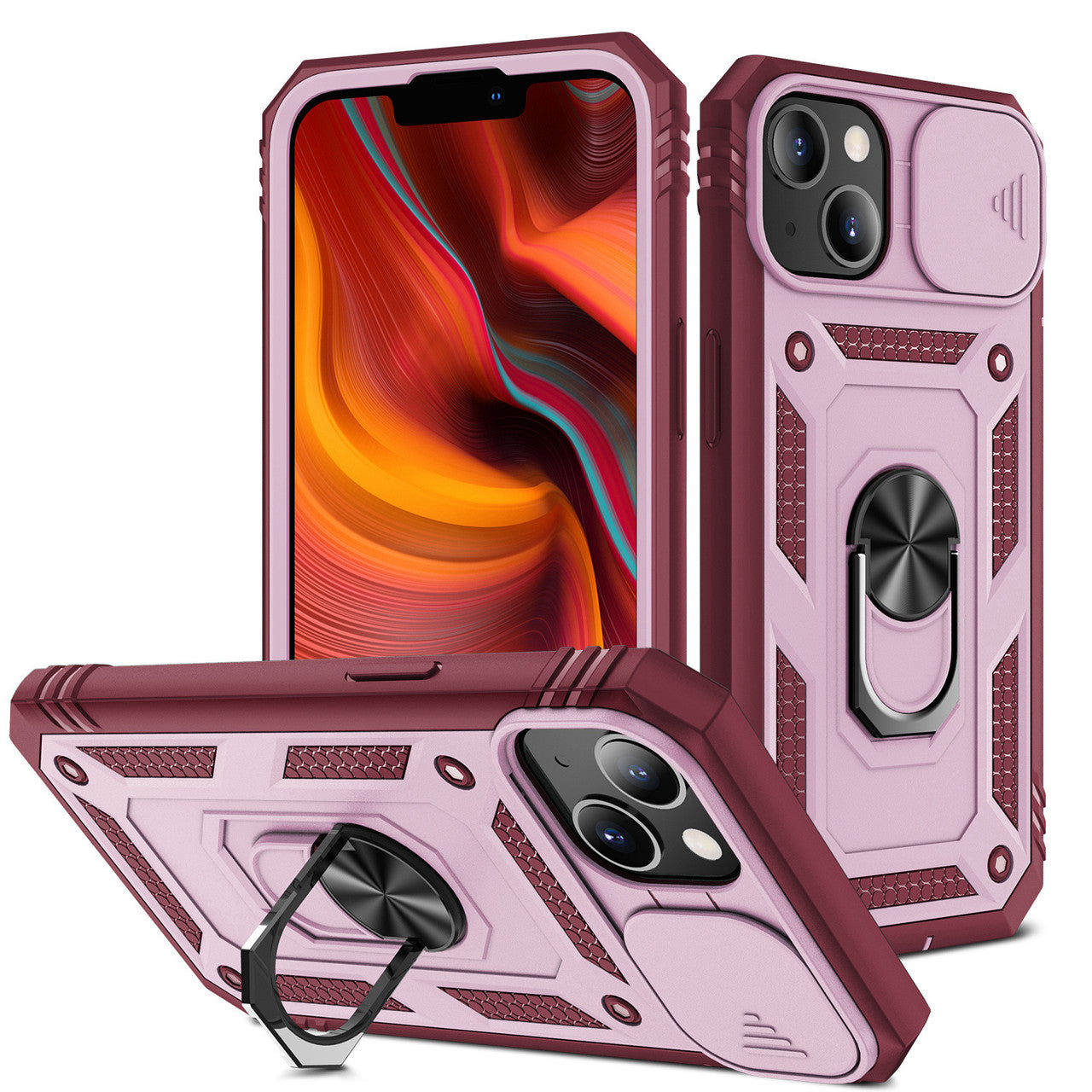 iPhone 13 Case with Camera Cover & Kickstand, Built-in 360°Rotate Ring Stand with Camera Lens Protection Magnetic Magnet Protective Phone Case for iPhone 13 iPhone-BURGUNDY PINK