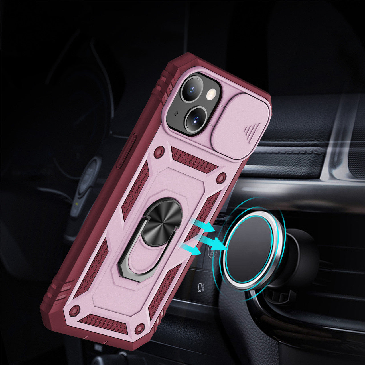 iPhone 13 Case with Camera Cover & Kickstand, Built-in 360°Rotate Ring Stand with Camera Lens Protection Magnetic Magnet Protective Phone Case for iPhone 13 iPhone-BURGUNDY PINK