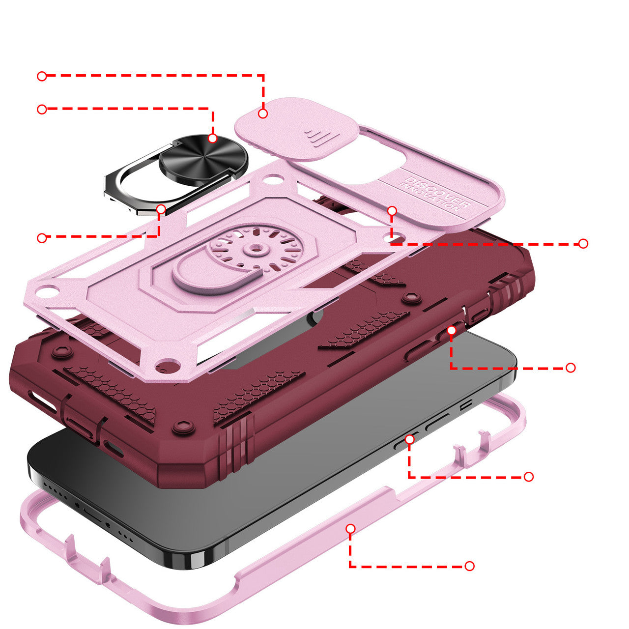 iPhone 13 Case with Camera Cover & Kickstand, Built-in 360°Rotate Ring Stand with Camera Lens Protection Magnetic Magnet Protective Phone Case for iPhone 13 iPhone-BURGUNDY PINK
