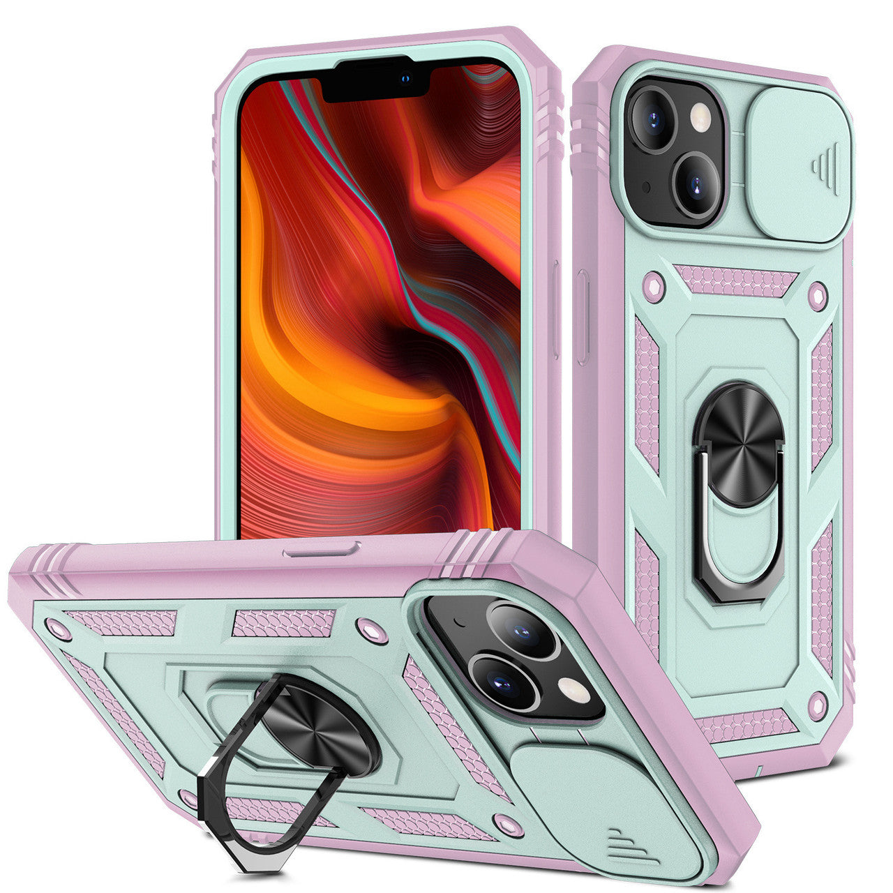 iPhone 14 Case with Camera Cover & Kickstand, Built-in 360°Rotate Ring Stand with Camera Lens Protection Magnetic Magnet Protective Phone Case - Teal Pink