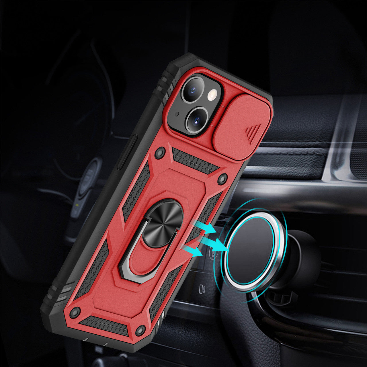 iPhone 13 Case with Camera Cover & Kickstand, Built-in 360°Rotate Ring Stand with Camera Lens Protection Magnetic Magnet Protective Phone Case for iPhone 13 iPhone-RED