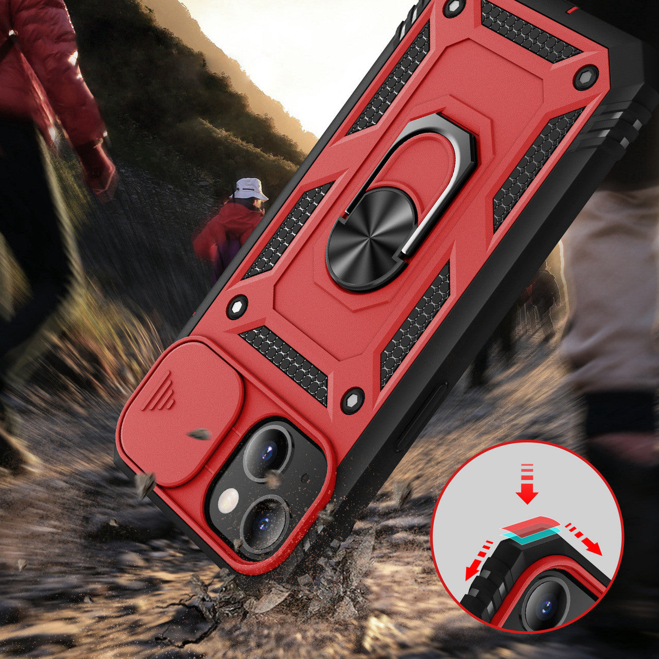 iPhone 13 Case with Camera Cover & Kickstand, Built-in 360°Rotate Ring Stand with Camera Lens Protection Magnetic Magnet Protective Phone Case for iPhone 13 iPhone-RED