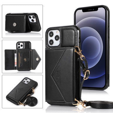 iPhone 14 Wallet Case with Card Holder, PU Leather Kickstand Card Slots Case with Shoulder Strap, Double Magnetic Clasp Durable Shockproof Cover 6.1 Inch (BLACK}