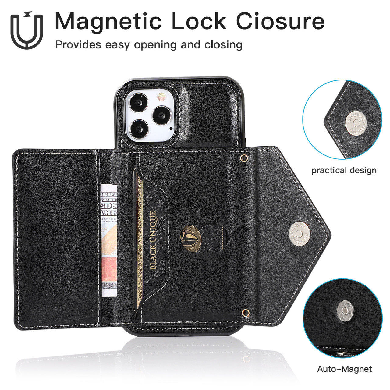 iPhone 14 Wallet Case with Card Holder, PU Leather Kickstand Card Slots Case with Shoulder Strap, Double Magnetic Clasp Durable Shockproof Cover 6.1 Inch (BLACK}