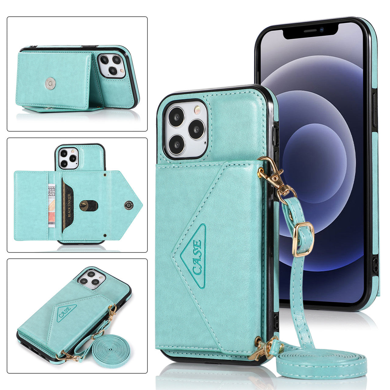 iPhone 14 Wallet Case with Card Holder, PU Leather Kickstand Card Slots Case with Shoulder Strap, Double Magnetic Clasp Durable Shockproof Cover 6.1 Inch (TEAL}