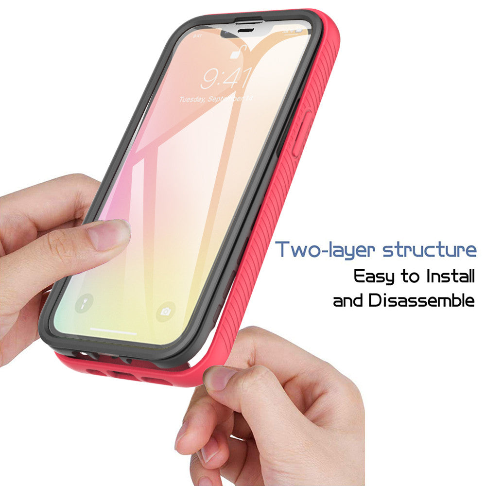 iPhone 13 Case with Protecion, 2 in 1 Durable Hard PC+Soft Silicone Heavy Duty Shockproof Full Body Phone Protective Case Cover w/ Built in Screen Protector -Clear Pink