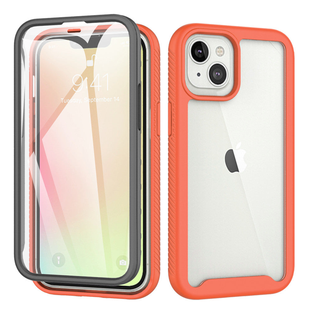 iPhone 13 Case with Protecion, 2 in 1 Durable Hard PC+Soft Silicone Heavy Duty Shockproof Full Body Phone Protective Case Cover w/ Built in Screen Protector -Clear Red