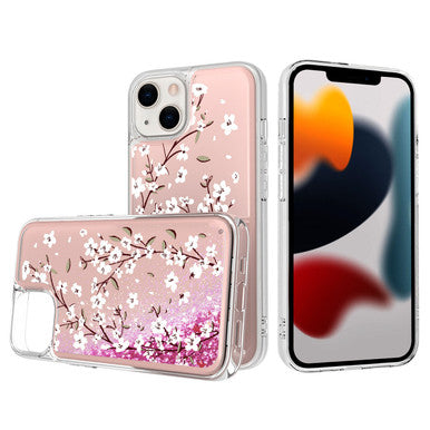 iPhone 14 Glitter Phone Case Girly Women Bling Sparkle Luxury Flowing Floating Quicksand Waterfall Clear Soft TPU Case Cover - Pink Floral