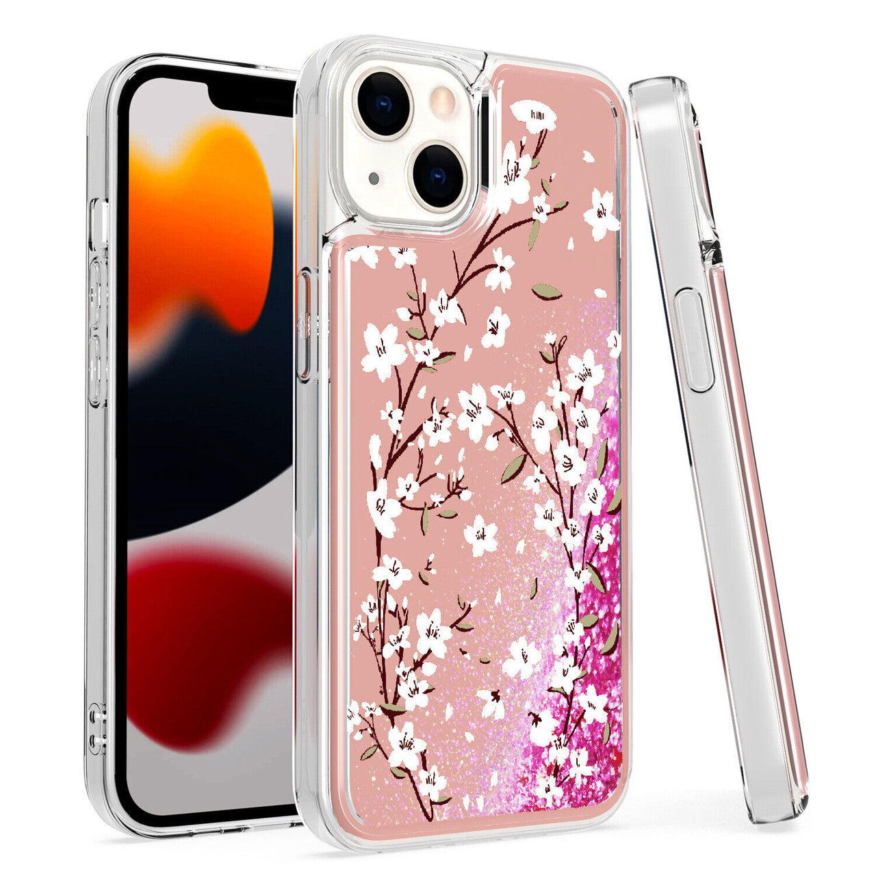iPhone 14 Glitter Phone Case Girly Women Bling Sparkle Luxury Flowing Floating Quicksand Waterfall Clear Soft TPU Case Cover - Pink Floral