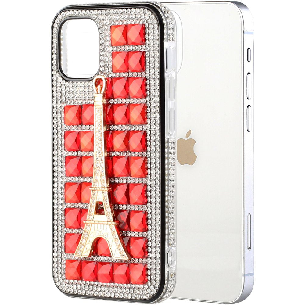 iPhone 12 iPhone 12 Pro Bling Case, Girls Women 3D Luxury Sparkle Glitter Diamond Crystal Rhinestone Pumpkin Car Charm Pendant Protective Case Cover for iPhone 13 6.1 inch ( Eiffel Tower Red)