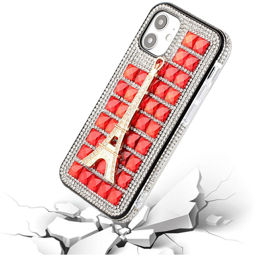 iPhone 12 iPhone 12 Pro Bling Case, Girls Women 3D Luxury Sparkle Glitter Diamond Crystal Rhinestone Pumpkin Car Charm Pendant Protective Case Cover for iPhone 13 6.1 inch ( Eiffel Tower Red)