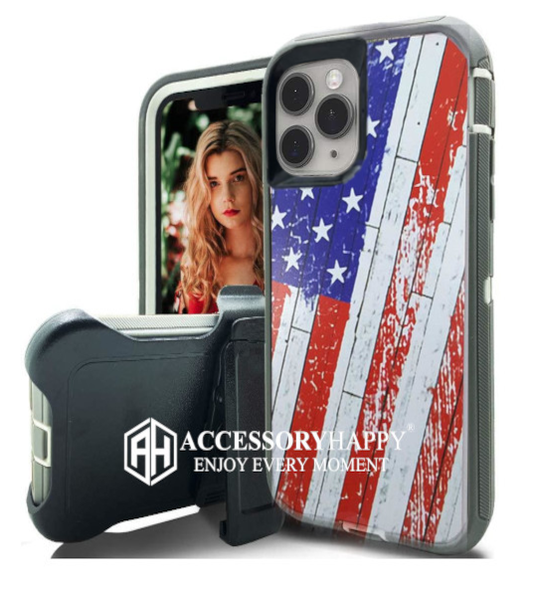 Armor Rugged Defender Case for iPhone 11 PRO Max(6.5") Protective Case with Belt Clip Holster, Heavy Duty-USA FLAG