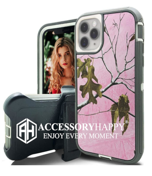 Armor Rugged Defender Case for iPhone 11 PRO Max(6.5") Protective Case with Belt Clip Holster, Heavy Duty-PINK CAMO