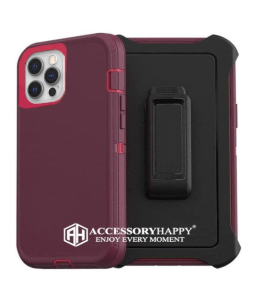 Armor Rugged Defender Case for iPhone 12 (6.1") Protective Case with Belt Clip Holster, Heavy Duty-Burgundy