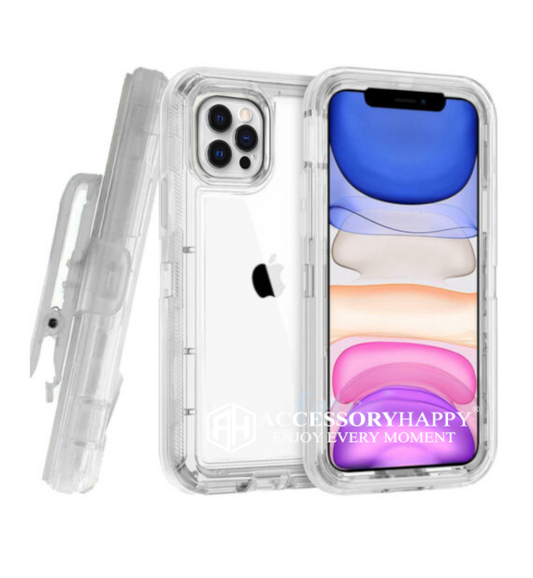 Armor Rugged Defender Case for iPhone 12 (6.1") Protective Case with Belt Clip Holster, Heavy Duty-Clear
