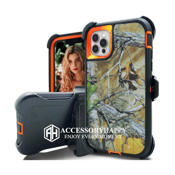 Armor Rugged Defender Case for iPhone 12 (6.1") Protective Case with Belt Clip Holster, Heavy Duty-Orange Camo