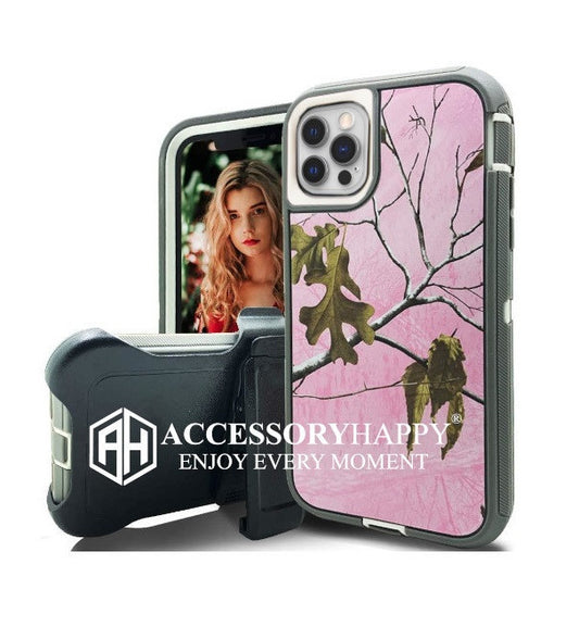 Armor Rugged Defender Case for iPhone 12 (6.1") Protective Case with Belt Clip Holster, Heavy Duty-Pink Camo