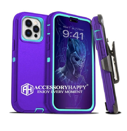 Armor Rugged Defender Case for iPhone 12 (6.1") Protective Case with Belt Clip Holster, Heavy Duty-Purple