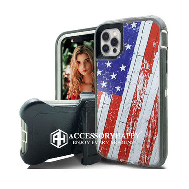 Armor Rugged Defender Case for iPhone 12 (6.1") Protective Case with Belt Clip Holster, Heavy Duty-USA FLAG