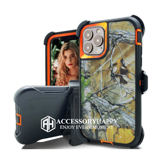 Armor Rugged Defender Case for iPhone 13 PRO Protective Case with Belt Clip Holster, Heavy Duty-Orange Camo