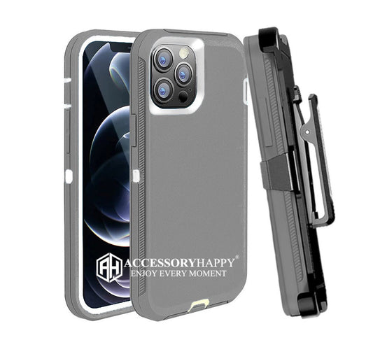 Armor Rugged Defender Case for iPhone 14 Pro (6.1") Protective Case with Belt Clip Holster, Heavy Duty-White Gray
