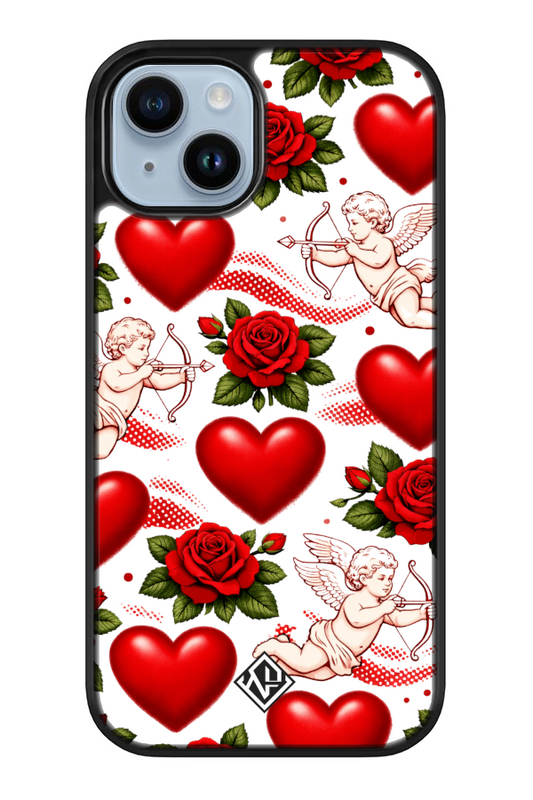 IPhone 13 case with red hearts, roses, and cupids on a white background
