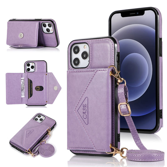 iPhone 13 Wallet Case with Card Holder, PU Leather Kickstand Card Slots Case with Shoulder Strap, Double Magnetic Clasp Durable Shockproof Cover 6.1 Inch (PURPLE)