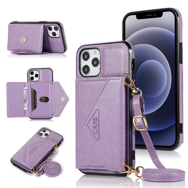 iPhone 13 Wallet Case with Card Holder, PU Leather Kickstand Card Slots Case with Shoulder Strap, Double Magnetic Clasp Durable Shockproof Cover 6.1 Inch (PURPLE)