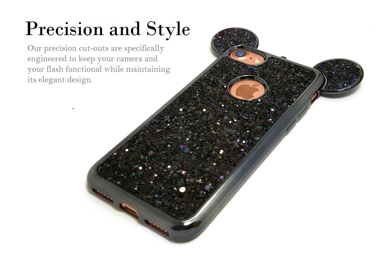 AccessoryHappy Creative Case, Luxury 3D Mickey & Minnie Ears Bling Crystal Rhinestone Sparkle Glitter Diamond Protective TPU Cover Compatible with iPhone 7 & iPhone 8 (Black)