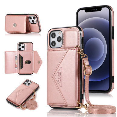 iPhone 13 Wallet Case with Card Holder, PU Leather Kickstand Card Slots Case with Shoulder Strap, Double Magnetic Clasp Durable Shockproof Cover 6.1 Inch (ROSE GOLD)