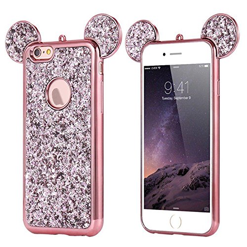 AccessoryHappy Creative Case, Luxury 3D Mickey & Minnie Ears Bling Crystal Rhinestone Sparkle Glitter Diamond Protective TPU Cover Compatible with iPhone SE 2020 (4.7") iPhone 7 & iPhone 8 (Rose Gold)