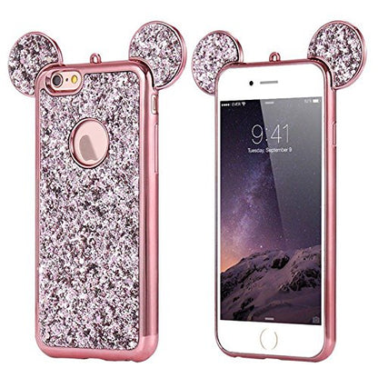 AccessoryHappy Creative Case, Luxury 3D Mickey & Minnie Ears Bling Crystal Rhinestone Sparkle Glitter Diamond Protective TPU Cover Compatible with iPhone SE 2020 (4.7") iPhone 7 & iPhone 8 (Rose Gold)