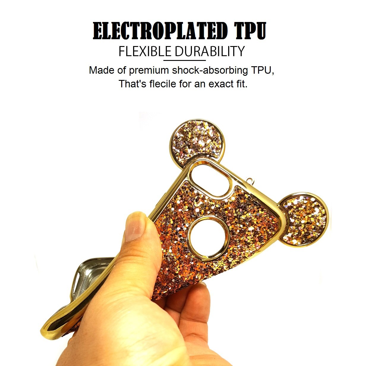 AccessoryHappy Creative Case, Luxury 3D Mickey & Minnie Ears Bling Crystal Rhinestone Sparkle Glitter Diamond Protective TPU Cover Compatible with iPhone 7 & iPhone 8 (Gold)