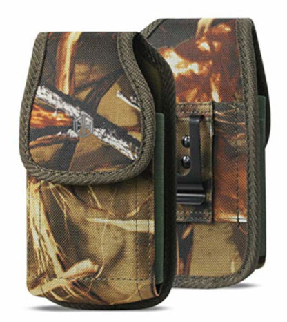 Vertical Military Grade Camo Cell Phone Belt Pouch, Rugged Canvas Holster Waist Carrying Bag Fits Phone with Waterproof/Thick Case