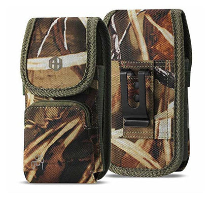 Vertical Camo Military Grade Cell Phone Case, Camo Case w/Storage Pocket Belt Clip Rugged Canvas Pouch Holster Fits Phone with Waterproof & Commuter Case