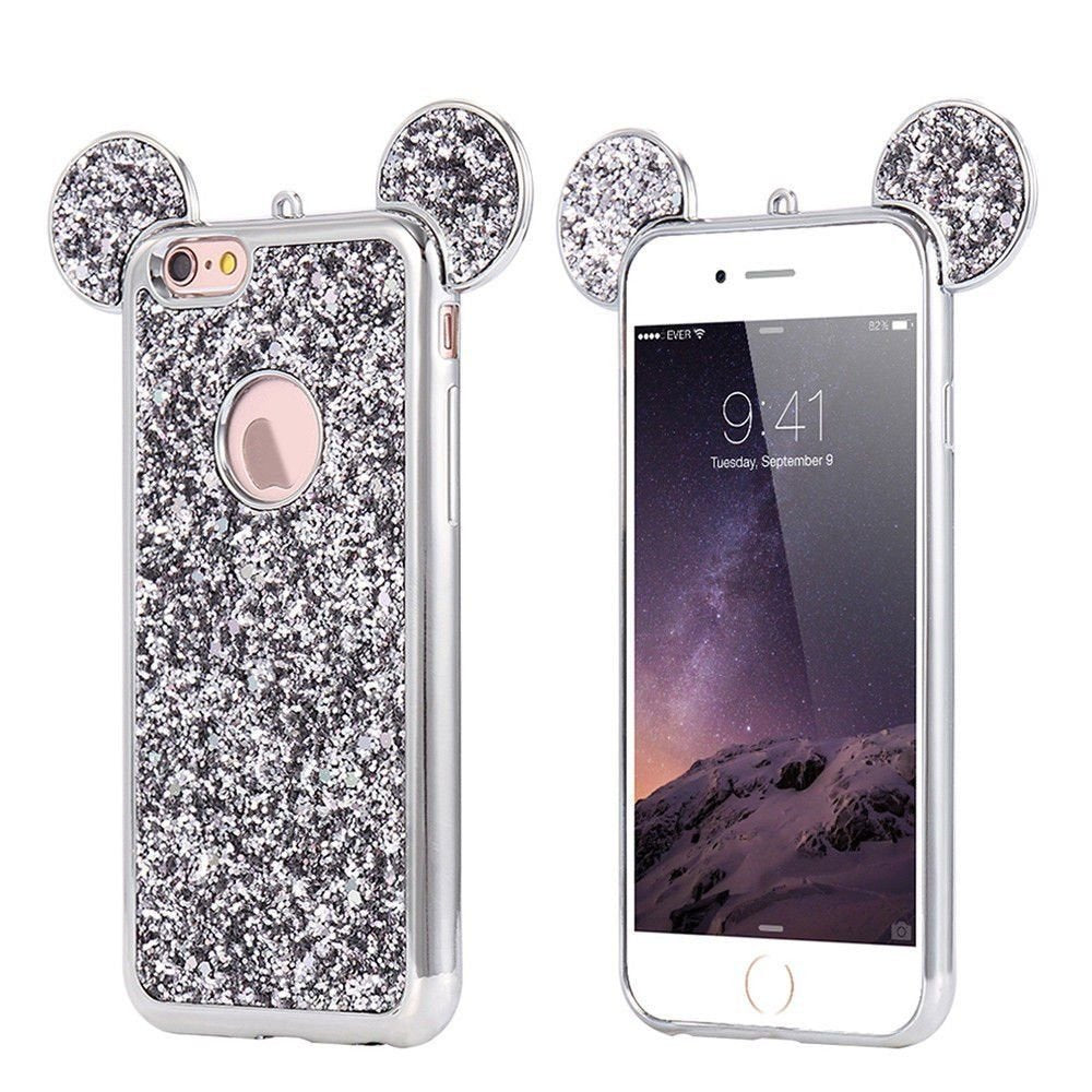 AccessoryHappy Creative Case, Luxury 3D Mickey & Minnie Ears Bling Crystal Rhinestone Sparkle Glitter Diamond Protective TPU Cover Compatible with iPhone 7 & iPhone 8 (Silver)