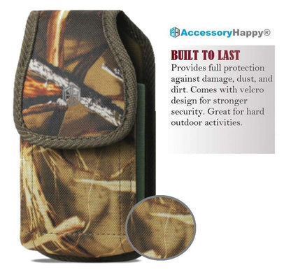 Vertical Military Grade Camo Cell Phone Belt Pouch, Rugged Canvas Holster Waist Carrying Bag Fits Phone with Waterproof/Thick Case