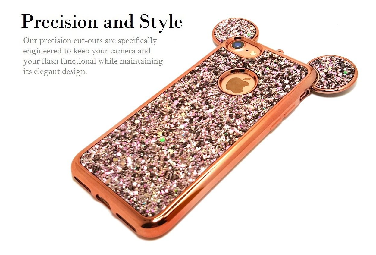 AccessoryHappy Creative Case, Luxury 3D Mickey & Minnie Ears Bling Crystal Rhinestone Sparkle Glitter Diamond Protective TPU Cover Compatible with iPhone SE 2020 (4.7") iPhone 7 & iPhone 8 (Rose Gold)