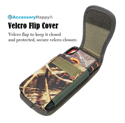 Vertical Military Grade Camo Cell Phone Belt Pouch, Rugged Canvas Holster Waist Carrying Bag Fits Phone with Waterproof/Thick Case