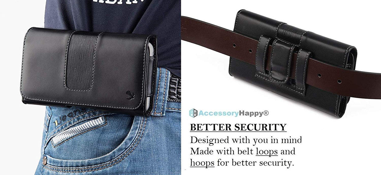 AccessoryHappy Horizontal Luxury Cell Phone Belt Pouch, Compatible w/iPhone Xs Max, 8 Plus 7 Plus 6 Plus Holster Clip fits w/Commuter Slim Case On or Bare Phone - Inside Dims [6.3" X 3.25" X 0.5"]