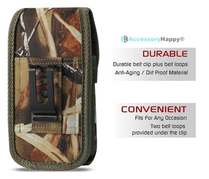 Vertical Camo Military Grade Cell Phone Case, Camo Case w/Storage Pocket Belt Clip Rugged Canvas Pouch Holster Fits Phone with Waterproof & Commuter Case