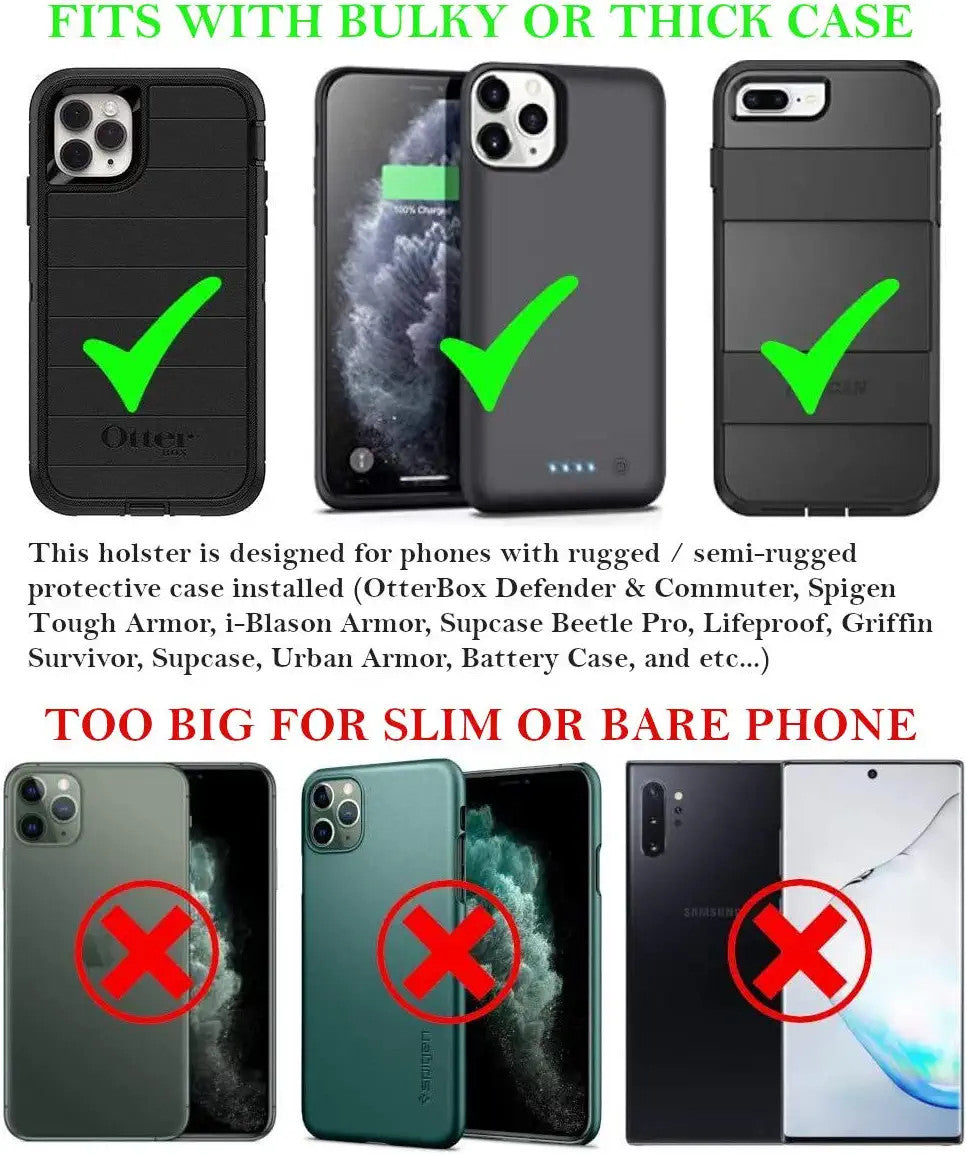 Horizontal Premium iPhone Cell Phone Belt Pouch,Leather Belt Case Fit with Otterbox Defender Case/Lifeproof Case/Battery Case On