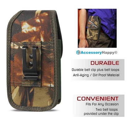 Vertical Military Grade Camo Cell Phone Belt Pouch, Rugged Canvas Holster Waist Carrying Bag Fits Phone with Waterproof/Thick Case
