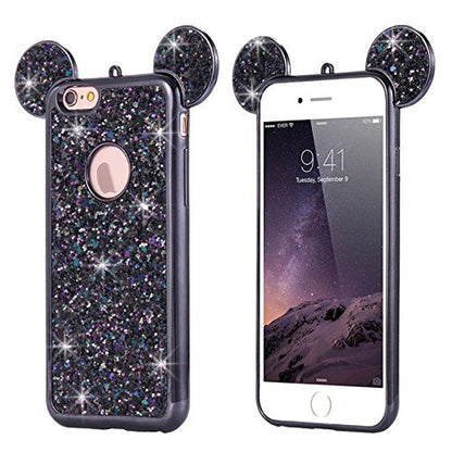 AccessoryHappy Creative Case, Luxury 3D Mickey & Minnie Ears Bling Crystal Rhinestone Sparkle Glitter Diamond Protective TPU Cover Compatible with iPhone 7 & iPhone 8 (Black)