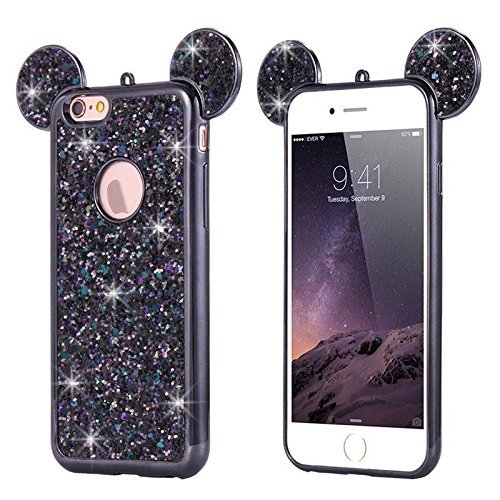 AccessoryHappy Creative Case, Luxury 3D Mickey & Minnie Ears Bling Crystal Rhinestone Sparkle Glitter Diamond Protective TPU Cover Compatible with iPhone 7 & iPhone 8 (Black)