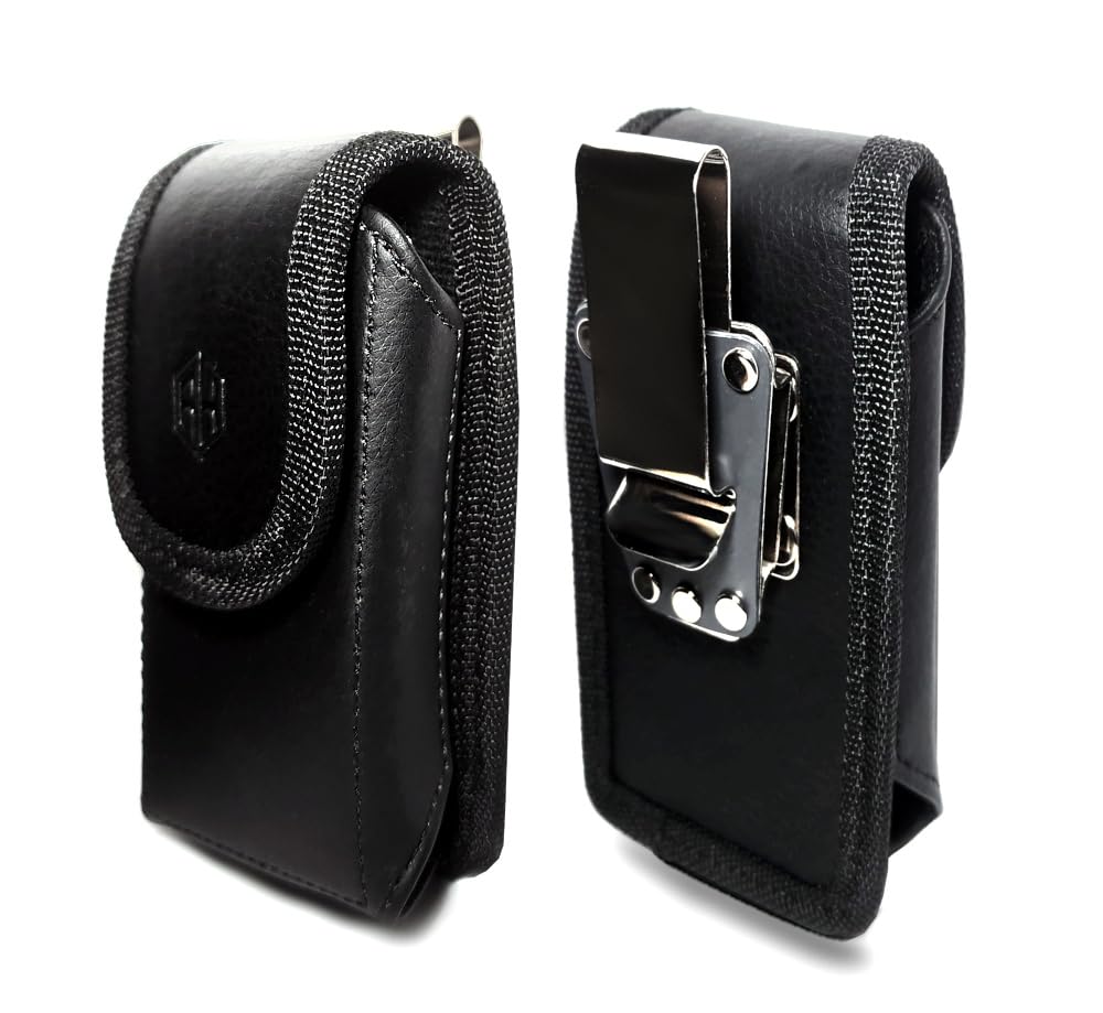 AH Universal Vertical Leather Flip Cell Phone Holster Case - Detachable Holder Belt Cover for Kyocera Doro Large Phones - Hip Pouch Compatible With Most Flip Phones