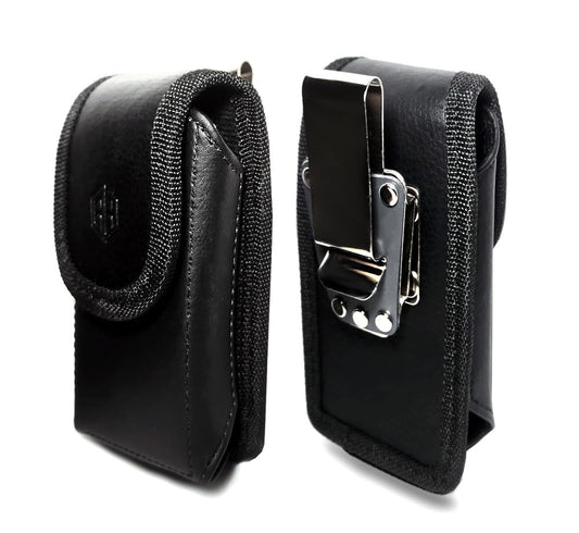 AH Universal Vertical Leather Flip Cell Phone Holster Case - Detachable Holder Belt Cover for Kyocera Doro Large Phones - Hip Pouch Compatible With Most Flip Phones