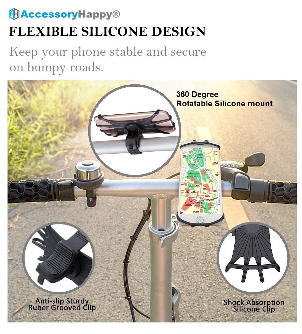 AccessoryHappy AH Bike Phone Mount, 360 Rotatable Adjustable Universal Silicone Gym Bike Phone Holder Bicycle GPS Units Holder, Compatible with iPhone 12 Pro Max/12 mini/12/11 Pro Max/XS MAX/XR/8